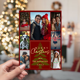 Tarjeta Festiva Con Relieve Metalizado Merry Christmas Family Photo Collage Red and Gold 
