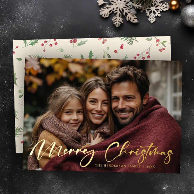 Tarjeta Festiva Con Relieve Metalizado Merry Christmas Foliage Photo Foil Holiday Card (Subido por el creador)