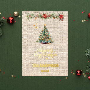 Tarjeta Festiva Con Relieve Metalizado Merry Christmas garland beige burlap gold