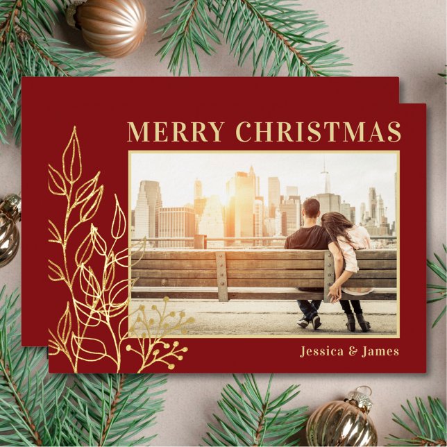 Tarjeta Festiva Con Relieve Metalizado Merry Christmas Gold Foliage Photo Red (Subido por el creador)