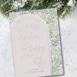 Tarjeta Festiva Con Relieve Metalizado Merry Christmas Happy New Year Winter Greenery<br><div class="desc">Luxury foil holiday card with typographic design framed with a modern arch in silver foil. The background pattern features simple winter greenery and berries in shades of green and red. wishing you a merry christmas and a happy new year is lettered in handwritten script calligraphy and modern lettering. The template...</div>