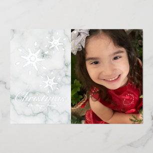 Tarjeta Festiva Con Relieve Metalizado Merry Christmas Mármol Copos de Nieve Foto Prensad