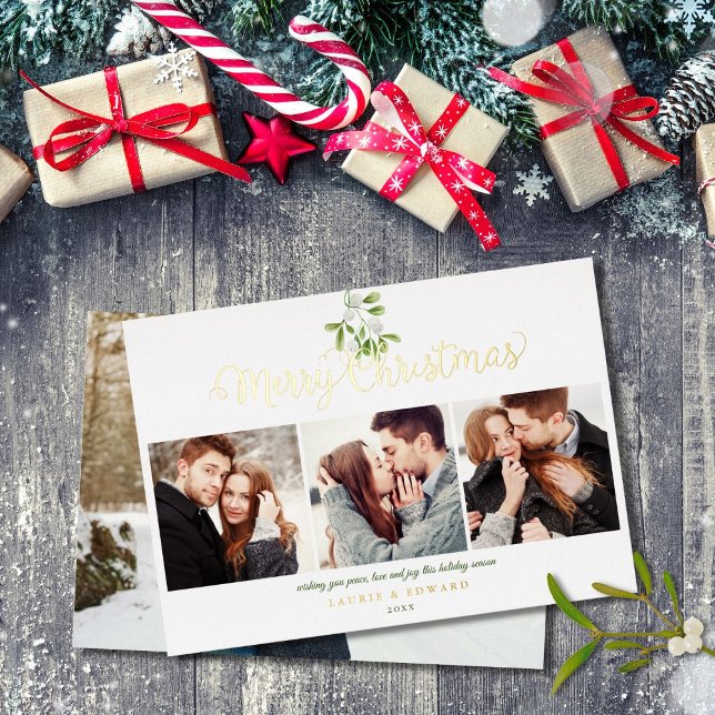 Tarjeta Festiva Con Relieve Metalizado Merry Christmas Mistletoe 4 Photo Gold (Subido por el creador)