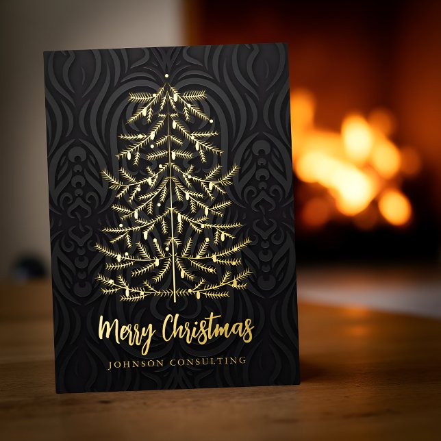 Tarjeta Festiva Con Relieve Metalizado Merry Christmas Modern Christmas Tree Damask (Subido por el creador)