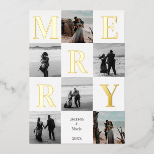 Tarjeta Festiva Con Relieve Metalizado Merry Christmas Modern Multi Photo Design