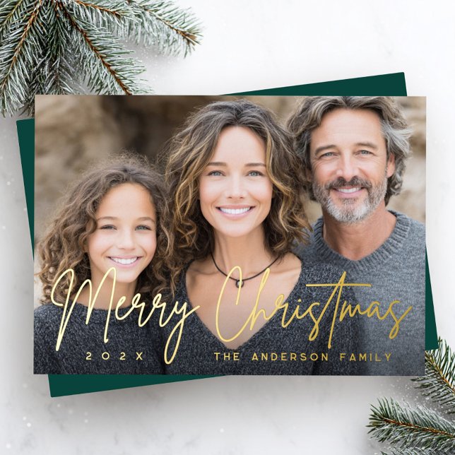 Tarjeta Festiva Con Relieve Metalizado Merry Christmas modern script deep green photo (Merry Christmas modern script deep green photo Foil Holiday Card)