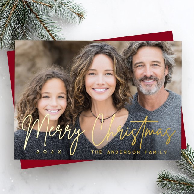 Tarjeta Festiva Con Relieve Metalizado Merry Christmas modern script deep red photo (Merry Christmas modern script deep red photo Foil Holiday Card)