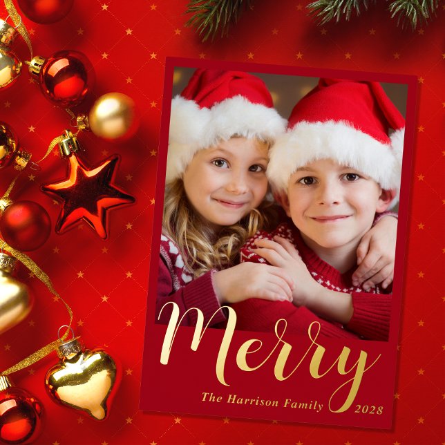 Tarjeta Festiva Con Relieve Metalizado Merry Christmas Photo Red (This holiday season, let your family's smiles & heartwarming memories shine on our real foil card)