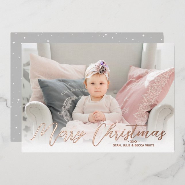Tarjeta Festiva Con Relieve Metalizado Merry Christmas Photo Rosa Gold (Anverso/Reverso)