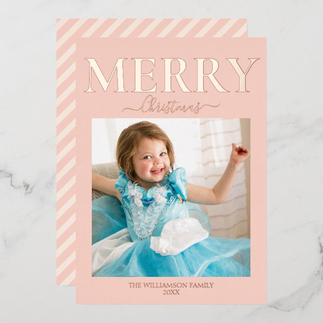 Tarjeta Festiva Con Relieve Metalizado Merry Christmas Photo Rubor Pink (Anverso/Reverso)