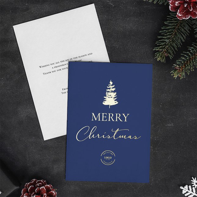 Tarjeta Festiva Con Relieve Metalizado Merry Christmas pine Company Logo Blue Gold (Merry Christmas navy blue with real gold pine tree sketch and logo.)