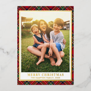 Tarjeta Festiva Con Relieve Metalizado Merry Christmas Plate Photo Stewart Tartan Gold