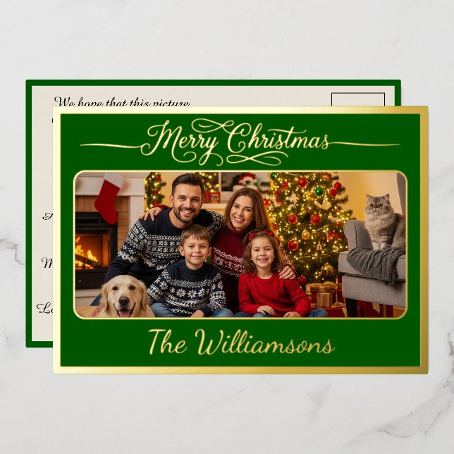 Tarjeta Festiva Con Relieve Metalizado Merry Christmas Post Card Family Photo Posts Green (Anverso/Reverso)
