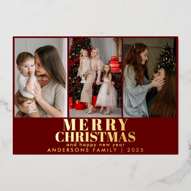 Tarjeta Festiva Con Relieve Metalizado Merry Christmas Red Script 3 Collage Multi-Photo (Anverso)