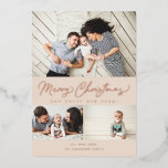 Tarjeta Festiva Con Relieve Metalizado Merry Christmas Relieve metalizado Script 3 Collag<br><div class="desc">Con un guión de pincel moderno con 3 de sus fotos. Viene con una foto en la parte de atrás también.</div>
