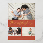 Tarjeta Festiva Con Relieve Metalizado Merry Christmas Relieve metalizado Script 3 Collag<br><div class="desc">Con un guión de pincel moderno con 3 de sus fotos. Viene con una foto en la parte de atrás también.</div>