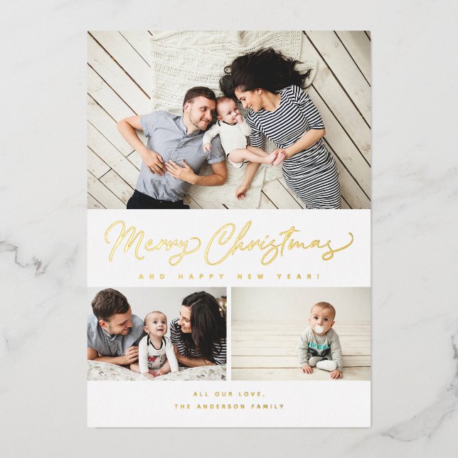 Tarjeta Festiva Con Relieve Metalizado Merry Christmas Relieve metalizado Script 3 Collag (Anverso)