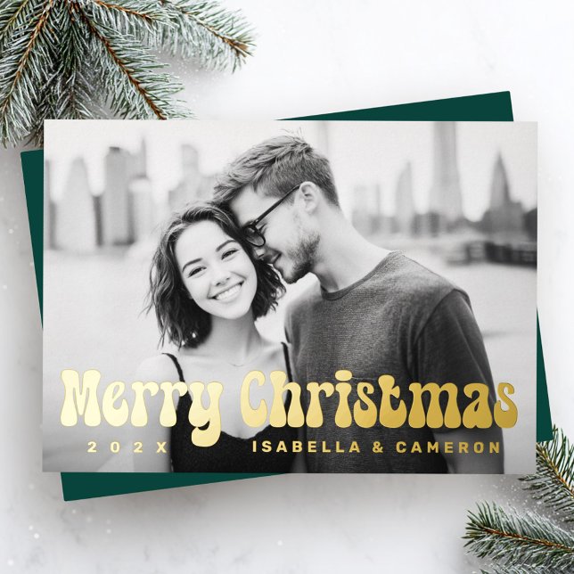 Tarjeta Festiva Con Relieve Metalizado Merry Christmas retro font deep green photo (Merry Christmas retro font deep green photo Foil Holiday Card)