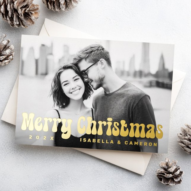 Tarjeta Festiva Con Relieve Metalizado Merry Christmas retro font name year photo (Merry Christmas retro font name year photo Foil Holiday Card)