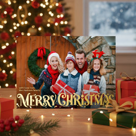 Tarjeta Festiva Con Relieve Metalizado Merry Christmas Retro Script | Custom Four-Photo 