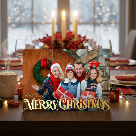 Tarjeta Festiva Con Relieve Metalizado Merry Christmas Retro Script | Custom Four-Photo 
