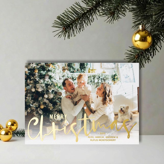 Tarjeta Festiva Con Relieve Metalizado Merry Christmas Script Photo Gold (REAL GOLD FOIL Merry Christmas script photo holiday greeting cards)