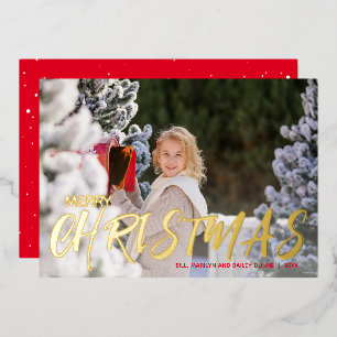 Tarjeta Festiva Con Relieve Metalizado Merry Christmas Script Photo Gold