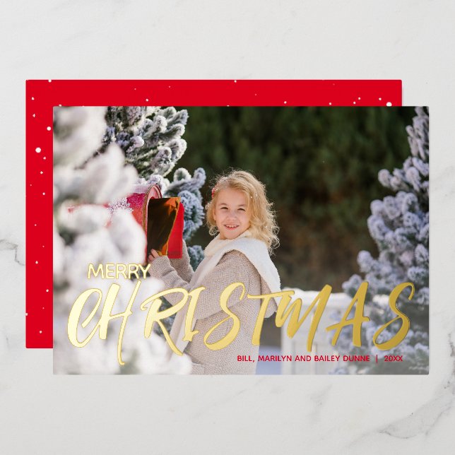Tarjeta Festiva Con Relieve Metalizado Merry Christmas Script Photo Gold (Anverso/Reverso)