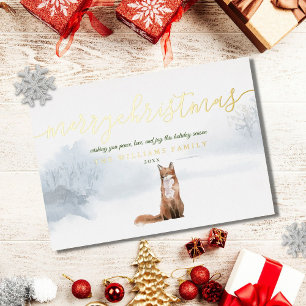 Tarjeta Festiva Con Relieve Metalizado Merry Christmas Script Winter Fox Gold
