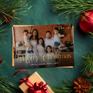 Tarjeta Festiva Con Relieve Metalizado Merry Christmas Tipografía Elegante Foto Familiar