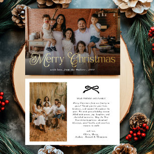 Tarjeta Festiva Con Relieve Metalizado Merry Christmas Tipografía Elegante Foto Familiar