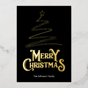 Tarjeta Festiva Con Relieve Metalizado Merry Christmas Tree Black Background Gold
