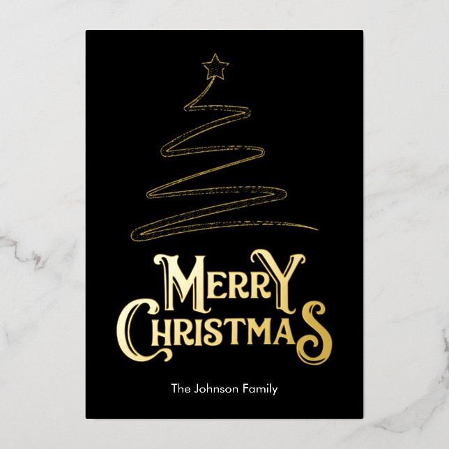 Tarjeta Festiva Con Relieve Metalizado Merry Christmas Tree Black Background Gold (Anverso)