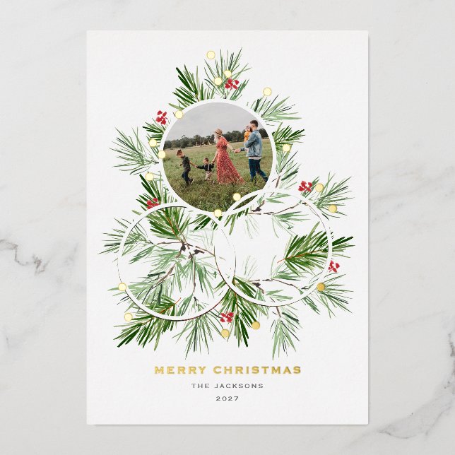 Tarjeta Festiva Con Relieve Metalizado Merry Christmas Tree Multi Photo (Anverso)