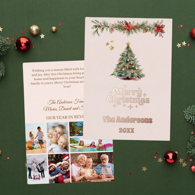 Tarjeta Festiva Con Relieve Metalizado Merry Christmas tree photo year review rosa gold (Subido por el creador)