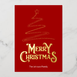 Tarjeta Festiva Con Relieve Metalizado Merry Christmas Tree Red Background Gold