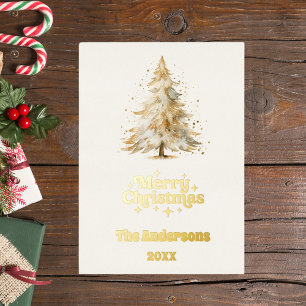 Tarjeta Festiva Con Relieve Metalizado Merry Christmas tree white photo year reseña
