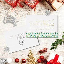 Tarjeta Festiva Con Relieve Metalizado Merry Christmas Trees Corporate Business Logo Gold