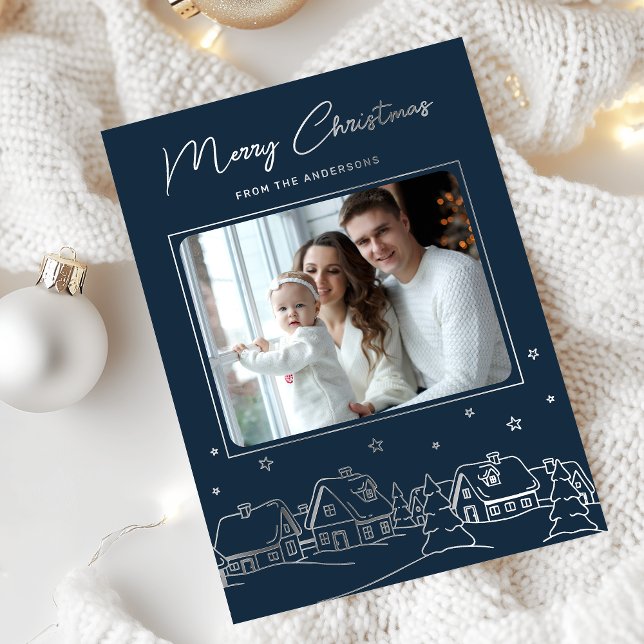 Tarjeta Festiva Con Relieve Metalizado Merry Christmas Winter Village Hand Drawn (Subido por el creador)