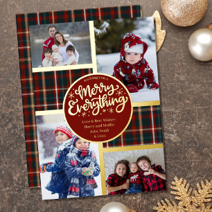 Tarjeta Festiva Con Relieve Metalizado Merry Everything 4 Foto Tartán Plantado rojo y oro