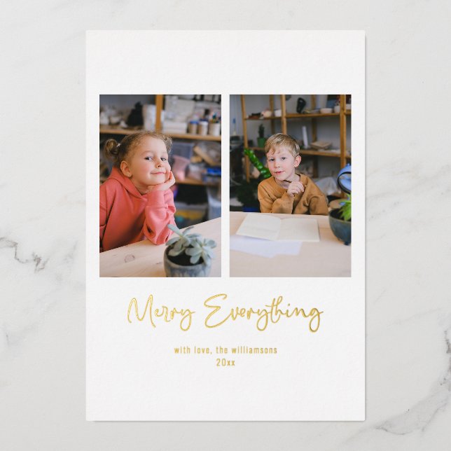 Tarjeta Festiva Con Relieve Metalizado Merry Everything Script Mensaje Personalizado Phot (Anverso)