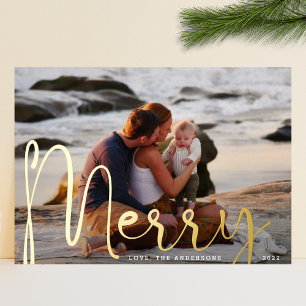 Tarjeta Festiva Con Relieve Metalizado Merry Gold   Foto moderna de Navidad a sangre comp