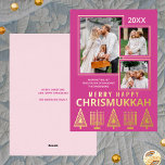 Tarjeta Festiva Con Relieve Metalizado Merry Happy Chrismukkah Moda 3 Foto Oro Rosa<br><div class="desc">Las tarjetas de felicitación fotográficas personalizadas impresas con Relieve metalizado de oro real añaden un toque de lujo a sus envíos de vacaciones. Fácil de personalizar, sólo hay que añadir las tres fotos en las que parecerán superpuestas con finos bordes dorados sobre el sólido fondo rosa de la baya. Edita...</div>