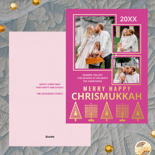 Tarjeta Festiva Con Relieve Metalizado Merry Happy Chrismukkah Moda 3 Foto Oro Rosa
