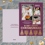 Tarjeta Festiva Con Relieve Metalizado Merry Happy Chrismukkah Moda 3 Foto Purple Gold<br><div class="desc">Las tarjetas de felicitación fotográficas personalizadas impresas con Relieve metalizado de oro real añaden un toque de lujo a sus envíos de vacaciones. Fácil de personalizar, sólo hay que añadir las tres fotos en las que aparecerán superpuestas ligeramente con los bordes dorados finos sobre el fondo púrpura de ciruela sólida....</div>