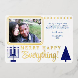 Tarjeta Festiva Con Relieve Metalizado Merry Happy Everything Photo Navy Luxury Gold