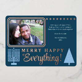 Tarjeta Festiva Con Relieve Metalizado Merry Happy Everything Photo Navy Rosa Relieve met