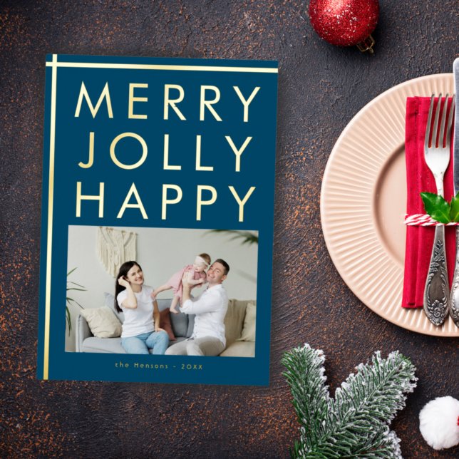 Tarjeta Festiva Con Relieve Metalizado Merry Jolly Happy Blue Family Photo Navidad Gold (Subido por el creador)