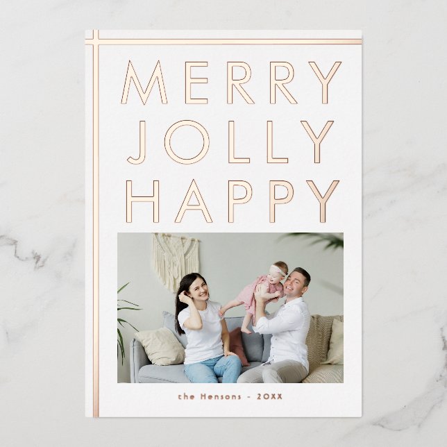 Tarjeta Festiva Con Relieve Metalizado Merry Jolly Happy Family Photo Navidad Gold (Anverso)
