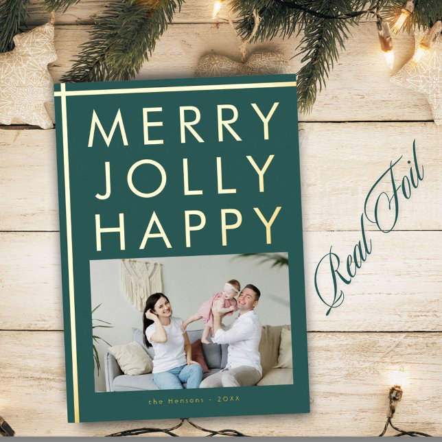 Tarjeta Festiva Con Relieve Metalizado Merry Jolly Happy Family Photo Navidad Gold (Subido por el creador)